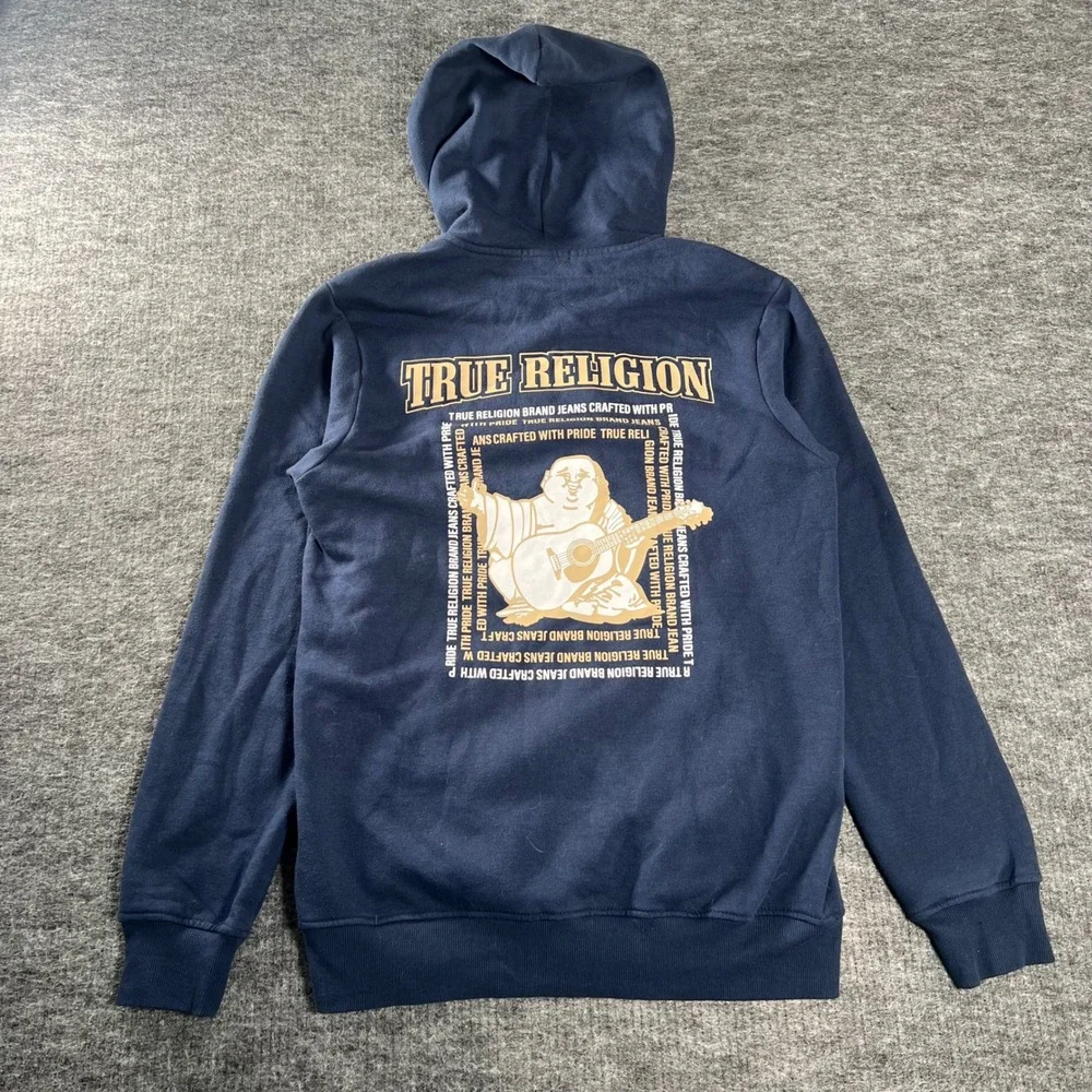 True Religion Mens Navy Blue Buddha Graphic Full Zip Hoodie Sweatshirt Small